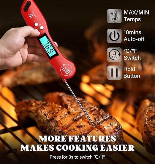DOQAUS Digital Meat Thermometer, Instant Read Food Thermometer for Cooking with Backlit & Auto-Rotating Display, 4.6” Probe for Grilling, Baking, and Perfect BBQ