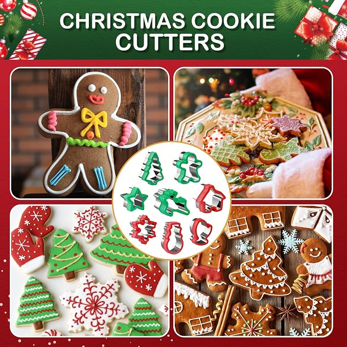 Christmas Cookie Cutter Set - 8 Piece Holiday Cookies Molds with Comfort Grip for Xmas Party Supplies/Favors - Including Glove, Snowman, Gingerbread Man, Star, Snowflakes, Christmas Tree, etc