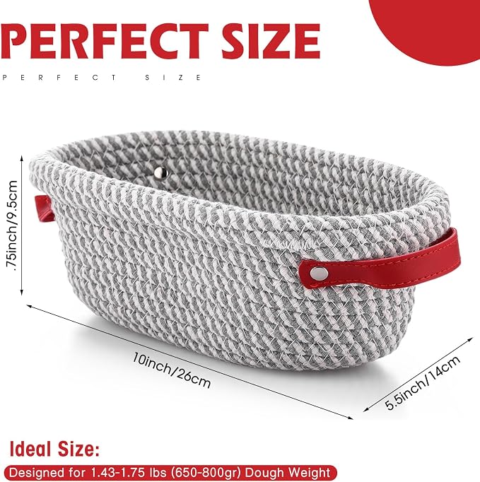 Gejoy 4 Pcs 10 Inch Cotton Rope Banneton Bread Proofing Basket Set Oval Bread Baskets with Liners & Covers Proofing Baskets for Sourdough Baking with 4 Strickle for Home Bakers Wife Mom(Grey, White)
