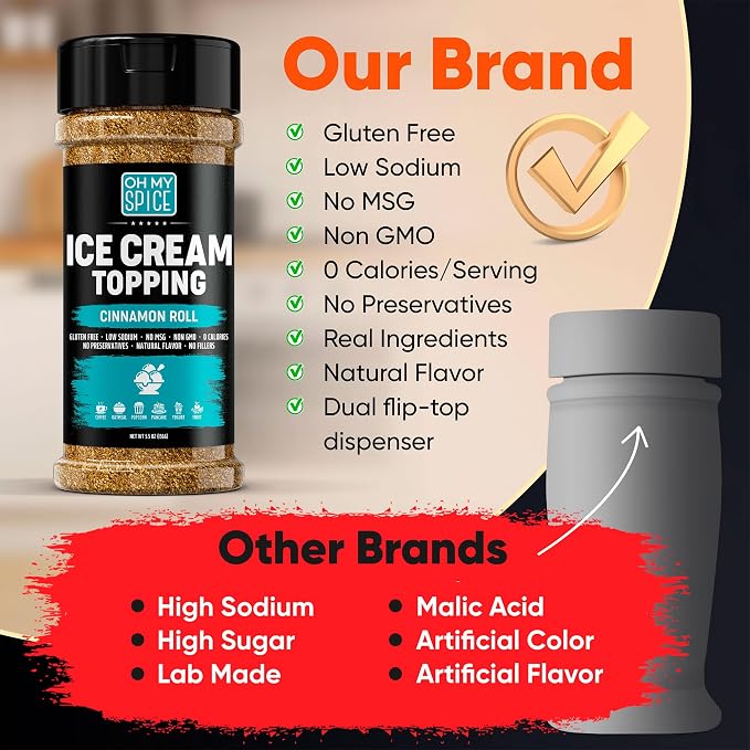 Ice Cream Topping Cinnamon Roll Mix - Gluten Free & Low Sodium Cinnamon and Sugar Flavor for Coffee Toppings. Cinammon Sugar Powder Seasoning for Oatmeal, Yogurt & Dessert. Sweet Buttery Blend. 5.5oz