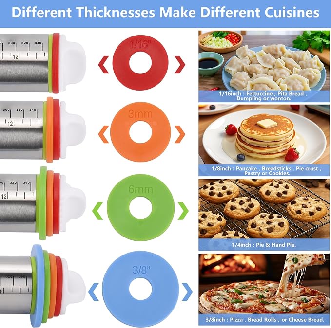 2 Pack Rolling Pin with a Silicone Baking Pastry Mat, Adjustable Rolling Pin with Thickness Rings, 17" Dough Roller for Baking Pizza, Pastry and Cookies, Kitchen Essential