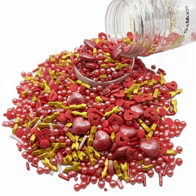 SE Si&Moos Edible Red Hearts and Cupid Arrows Valentines Sprinkles Heart Confetti Edible Sugar Pearls Red and Gold Sprinkles for Cake Decorating, Baking, Ice Cream, Cookies, Cupcake Toppers Party Baby Shower Holiday Supplies 3 OZ