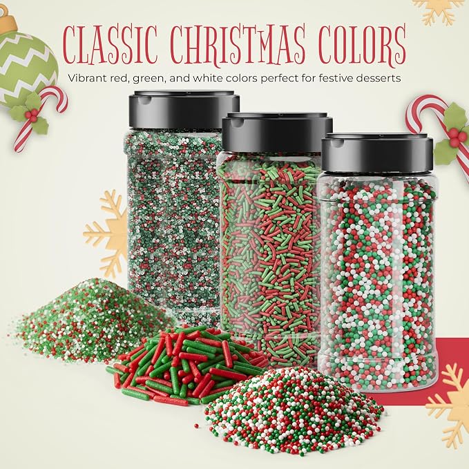 NY Spice Shop Sprinkles Nonpareils & Sanding Sugar – Red Green White Nonpareils & Sprinkle - Edible Christmas Festive Cooking Decor Sprinkle - Candy Cane Sprinkles for Baking and Dessert Toppings