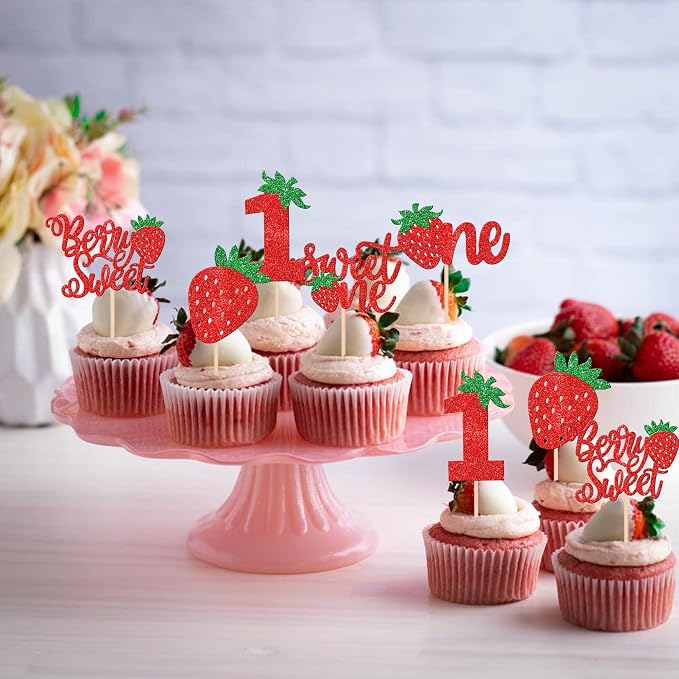 30 PCS Strawberry Sweet One Cupcake Toppers Glitter Berry Sweet 1st Birthday Strawberry Cupcake Picks for Fruit Theme Baby Shower Kids First Birthday Party Cake Decorations Supplies Red