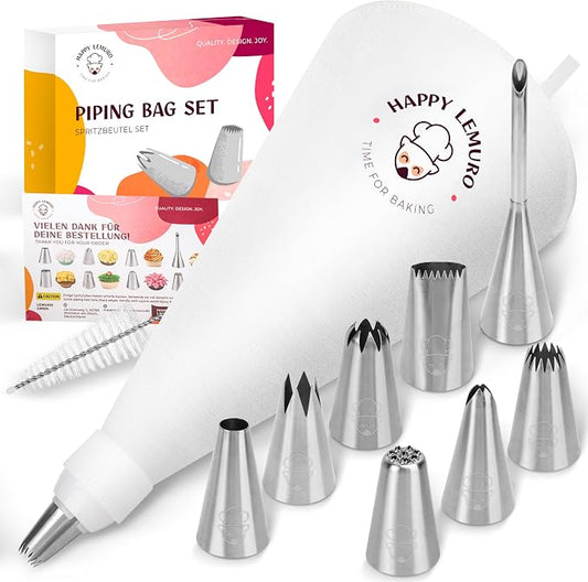 Premium Reusable Piping Bags and Tips Set - Cotton Pastry Bag 16" with 8 Large Icing Tips for Cake Decorating - Large Piping Tips Set - Dishwasher Safe
