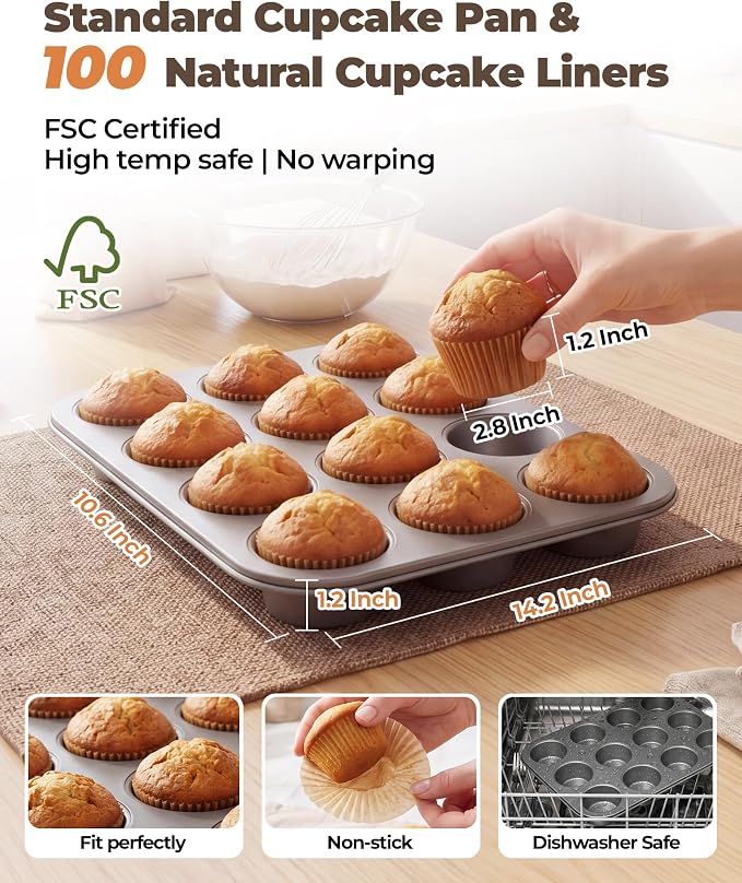 Bake Choice Cupcake Pan for Baking, 132 PCS Muffin Pan Kit with Cupcake Liners, Scraper, Pastry Bags, Coupler, Russian Piping Tips Set, Muffin Tin Nonstick 12 Cup Baking Supplies