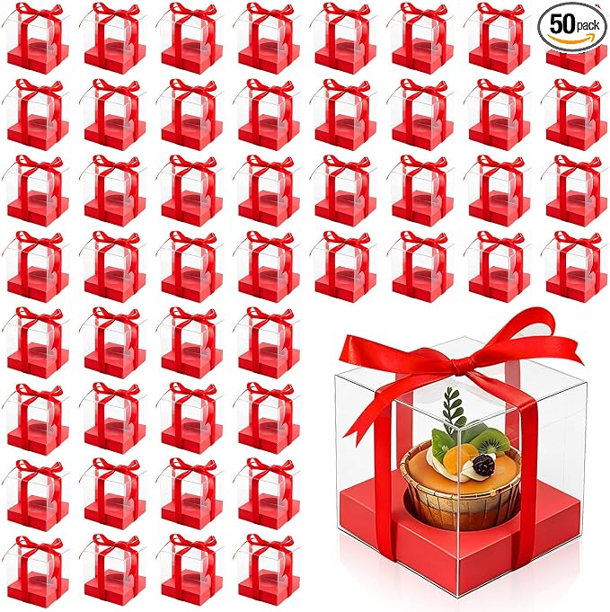 50 Pcs Red Clear Plastic Cupcake Boxes, Individual 3.5 Inch Single Holder Containers with Insert and Ribbon, Paper Base for Wedding, Birthday, Party Favor Gift