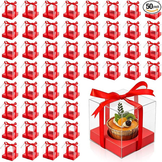 50 Pcs Red Clear Plastic Cupcake Boxes, Individual 3.5 Inch Single Holder Containers with Insert and Ribbon, Paper Base for Wedding, Birthday, Party Favor Gift