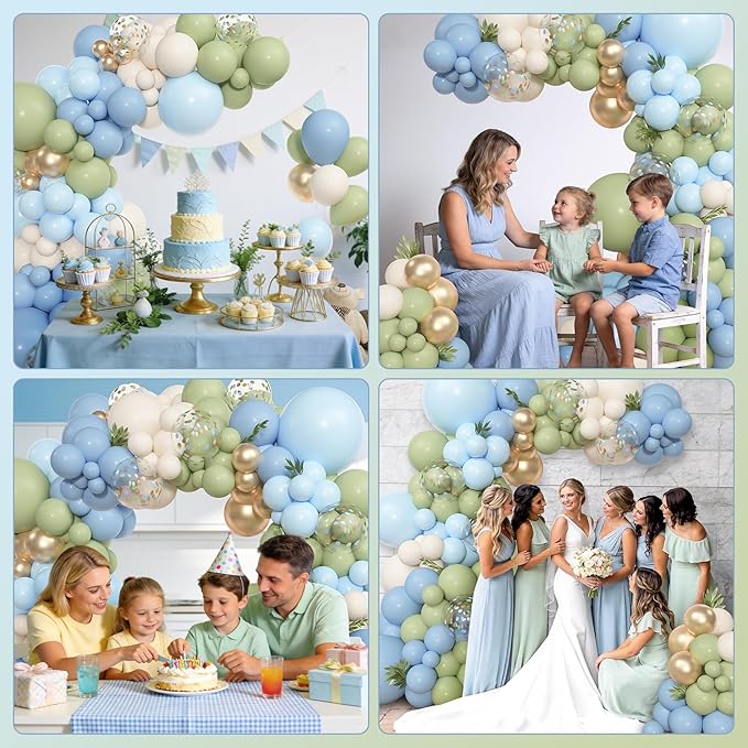 Amandir 153pcs Sage Green and Blue Balloon Garland Arch Kit, Different Sizes 18 12 10 5 inch Dusty Blue Sand White Latex Confetti Balloons for Boho Bridal Shower Birthday Party Decorations