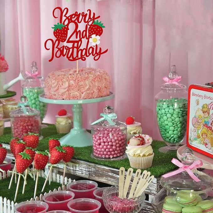 1 PCS Strawberry Berry 2nd Birthday Cake Topper Glitter Second Birthday Flower Strawberry Cake Pick for Sweet Fruit Theme Baby Shower Kids 2nd Birthday Party Cake Decorations Supplies