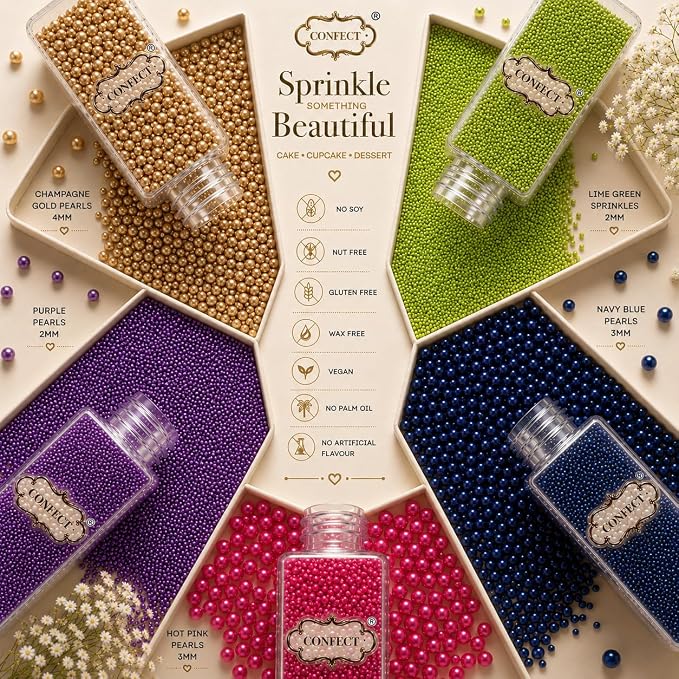 Confect Pearl Sprinkles | Pack of 5 Tropical Tea Party Disco Ball Sprinkles | Mix Golden, Purple, Neon Pink, Lime Green & Navy Blue Pearl Dragees - Vegan, Gluten-Free, Nut-Free, Soy-Free, Dairy-Free, Palm Oil-Free, No Artificial Dyes - 5 Oz