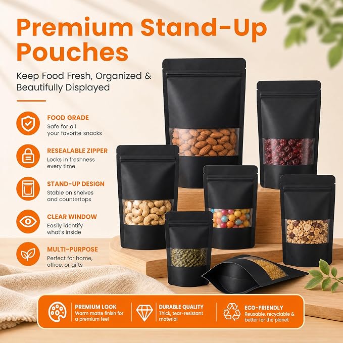 100 Pcs Black Kraft Paper Bags with Window, 4" x 6" Stand Up Pouches Bags, Food Storage Bags for Packaging Products, Reusable, Sealable