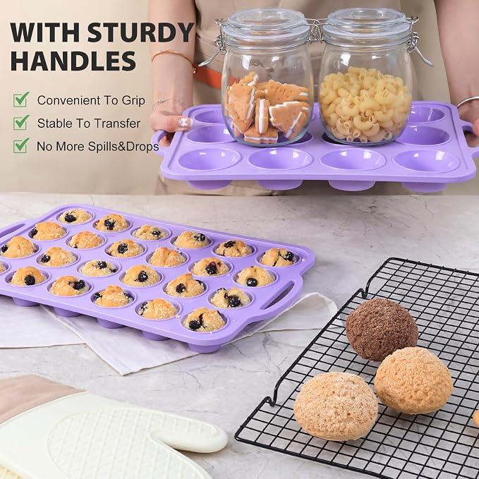 Mini Silicone Muffin Pan with Metal Frame, Non Stick Silicone Cupcake Pan with Handles 24 Cup, BPA Free Silicon Muffin Tin Tray Small for baking, egg bites, Cupcake Mold Purple