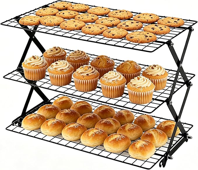 3-Tier Upgraded Stackable Cookie Cooling Rack-Collapsible Cooling Racks for Cooking And Baking Rack with Adjustable, Multifunctional Baking Cooling Rack for Cookies, Roasting, Countertop