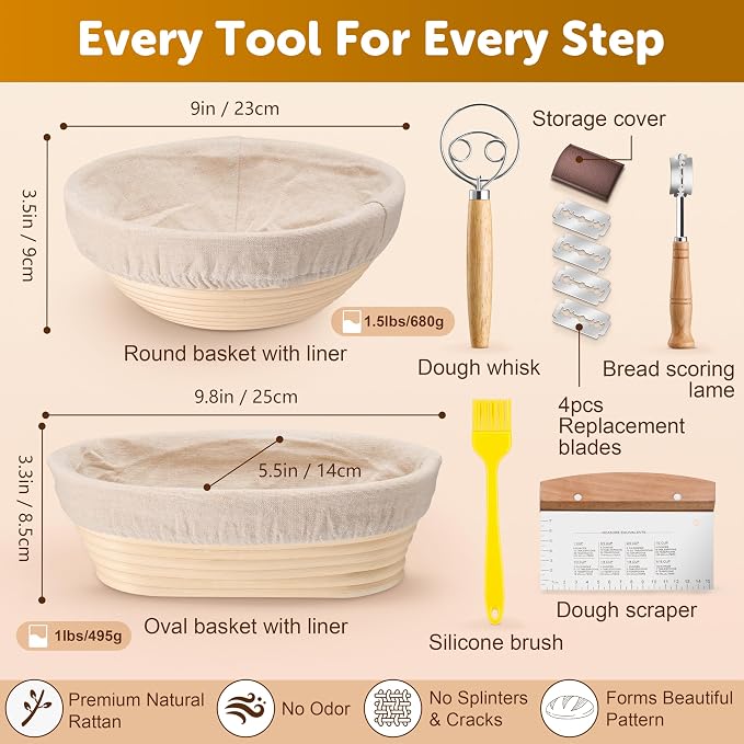 TeamFar Sourdough Bread Baking Supplies, 9” Round & 10” Oval Bread Proofing Basket Set with Liner, Sourdough Starter Kit for Bread Making, Bread Lame/Whisk/Dough Scraper/Basting Brush