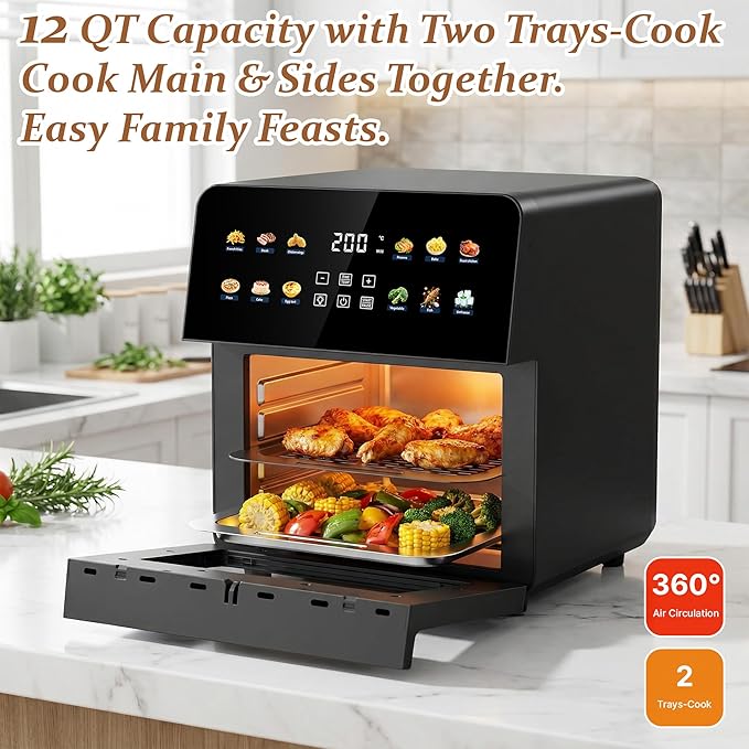 2026 Upgraded 12QT Air Fryer Oven, 8-in-1 Toaster Oven Combo, 8 Presets, Family Size Countertop Oven, 2 Baking Racks & Gloves, Roast Bake Air Fry, Easy to Clean