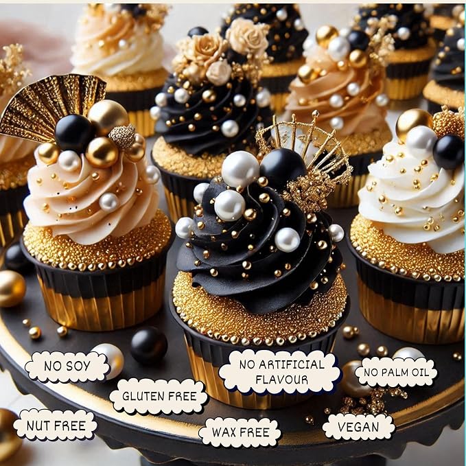 Confect Love Sprinkles – Gold, Black & White Pearl Edible Cake Balls | Disco Ball Cake Decorations for Baking & Desserts | Vegan, Gluten-Free, Nut-Free, Soy-Free, Dairy-Free, Palm Oil-Free- 4.2 Oz