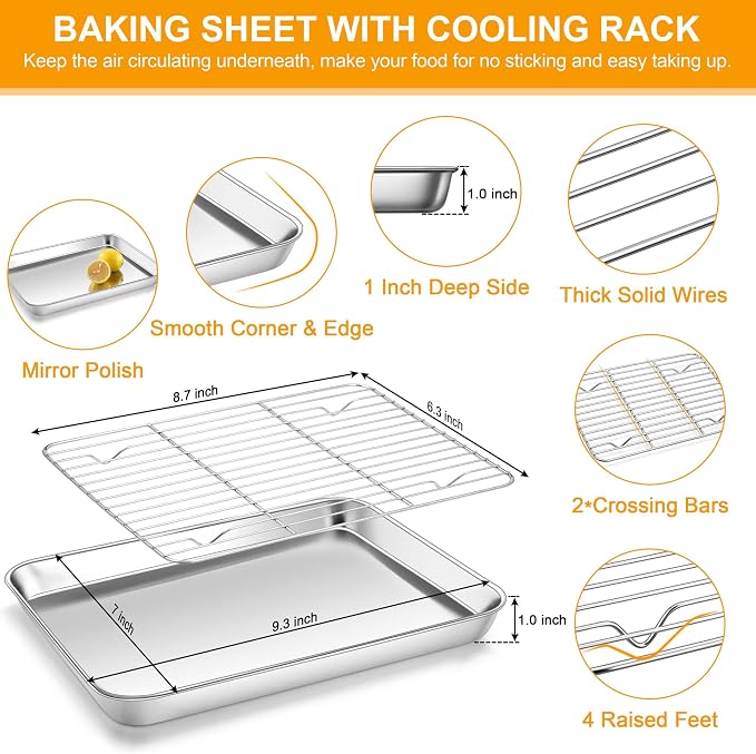 Homikit 9x7 Inches Baking Sheet with Wire Rack Set (2 Pans + 2 Racks) | Stainless Steel Mini Baking Pans with Cooling Racks, Small Metal Cookie Bacon Toaster Oven Tray for Baking, Dishwasher Safe
