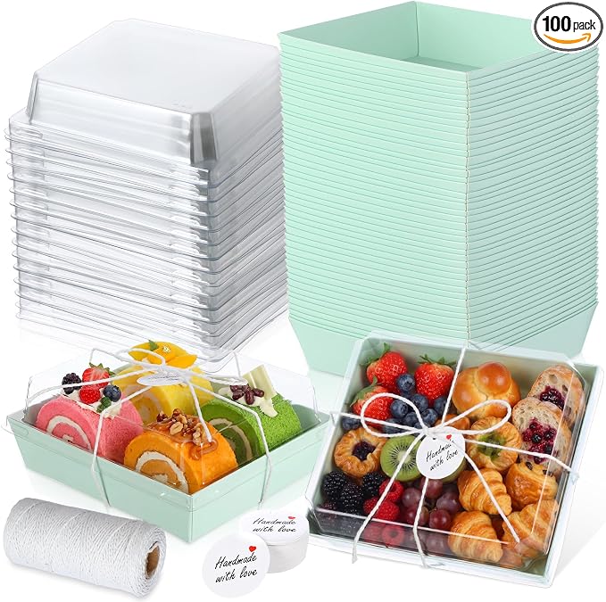 Outus 100 Pack Charcuterie Boxes with Clear Lids, Paper Dessert Boxes to Go with Gift Tags Rope Disposable Party Treat Food Containers for Cookies, Donuts, Muffins, Salad, and Pastry
