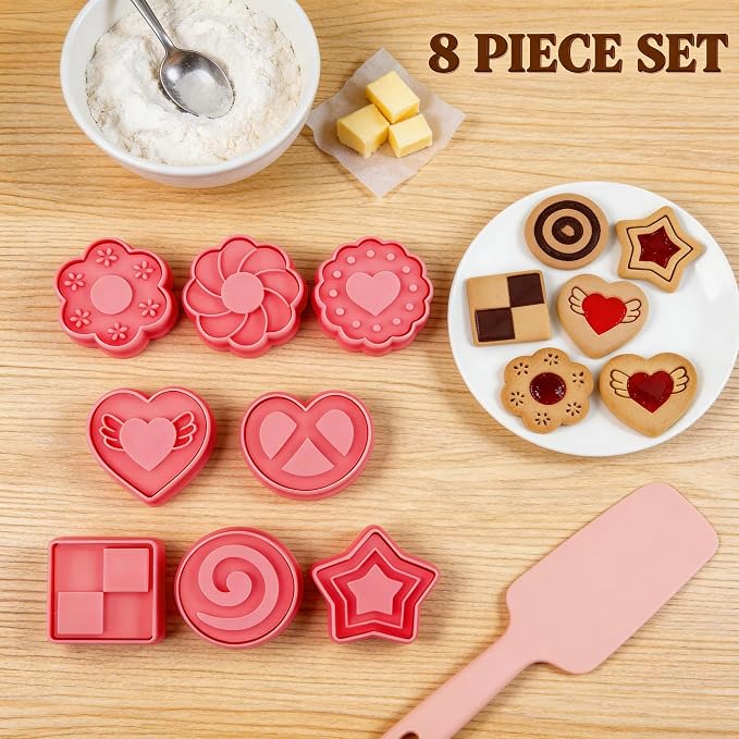 8 Pcs Jam-Filled Sandwich Cookie Cutter Set 3D Heart Star Flower Pressable Embossing Cookie Stamps with Plunger for DIY Baking Kitchen Bakeware Tool Biscuit Fondant Party Supply Cracker Pie