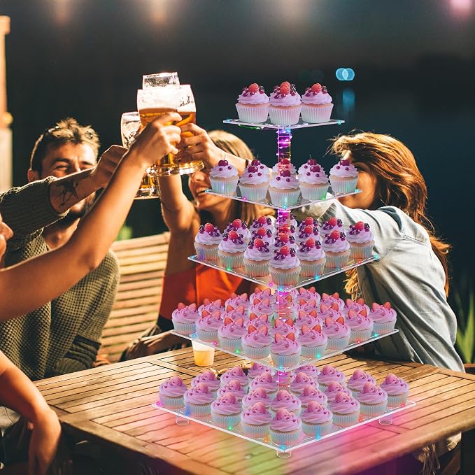 YestBuy Cupcake Stand – 5 Tier Premium Cupcake Holder – Acrylic Cupcake Tower Display – Cady Bar Party Décor – Acrylic Display for Pastry + LED Light String – Ideal for Weddings, Birthday (Colorful)