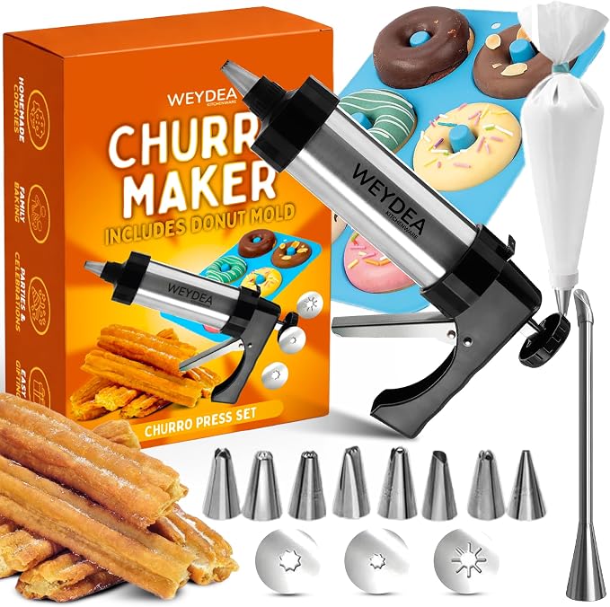 Churro Maker Kit Stainless Steel– Churrera Press with 3 Discs, 8 Piping Nozzles, Pastry Bag and Silicone Donut Mold – DIY Baking Set for Home