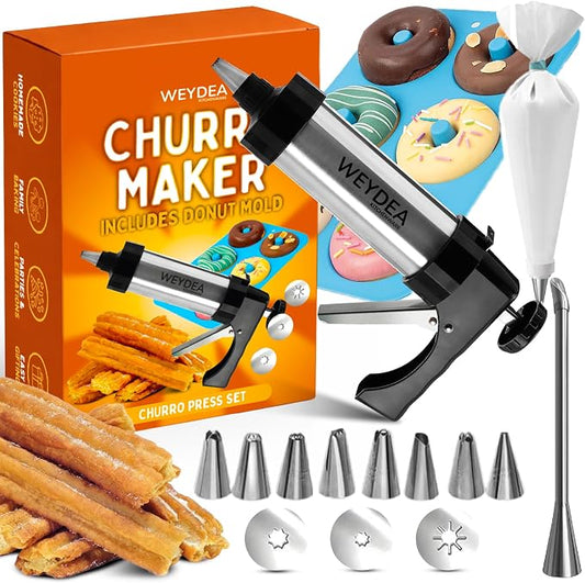 Churro Maker Kit Stainless Steel– Churrera Press with 3 Discs, 8 Piping Nozzles, Pastry Bag and Silicone Donut Mold – DIY Baking Set for Home