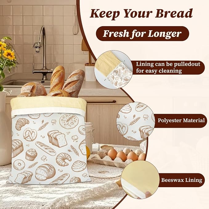 Beeswax Bread Bags, 2 Pack for Homemade Bread and Sourdough Storage | Groovy Bread, Reusable Polyester Bread Storage With Beeswax Coating And Snap Closures