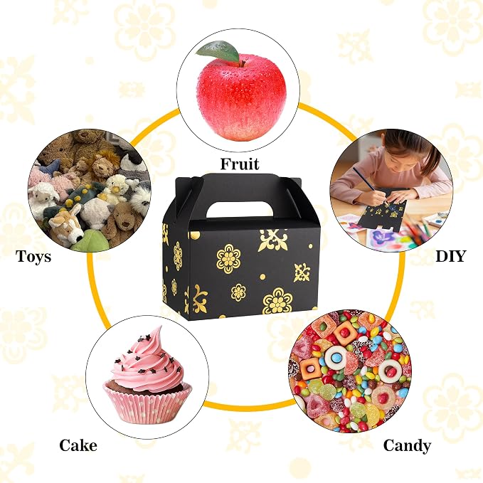 NyuOurea 10 PCS Black Gable Favor Treat Boxes, 6.5 x 4 x 4 Inches Elegant Gift Box with Handle for Guests, Goodie Boxes for Candy, Cookie, Busniess, Graduation, Wedding, Father‘ s Day, Thank You, Birthday, Flower