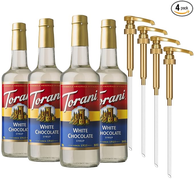 Torani Coffee Syrup, White Chocolate Flavored Syrup for Drinks, Glass Bottle 4-Pack, Pumps Included, 25.4 Fl Oz Ea