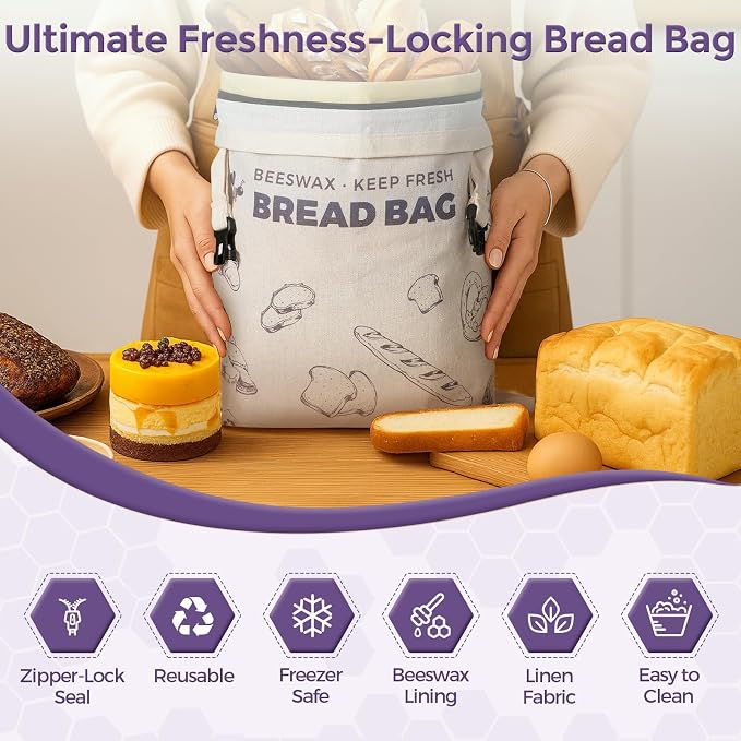 YARRAMATE Reusable Beeswax Bread Bags for Homemade Bread & Sourdough, 2 Pack XL 17x13in Linen Organic Bread Storage Bags with Zipper for Loaf, Baguette, Bagels and Sandwich Bread, Freezer Safe, Purple
