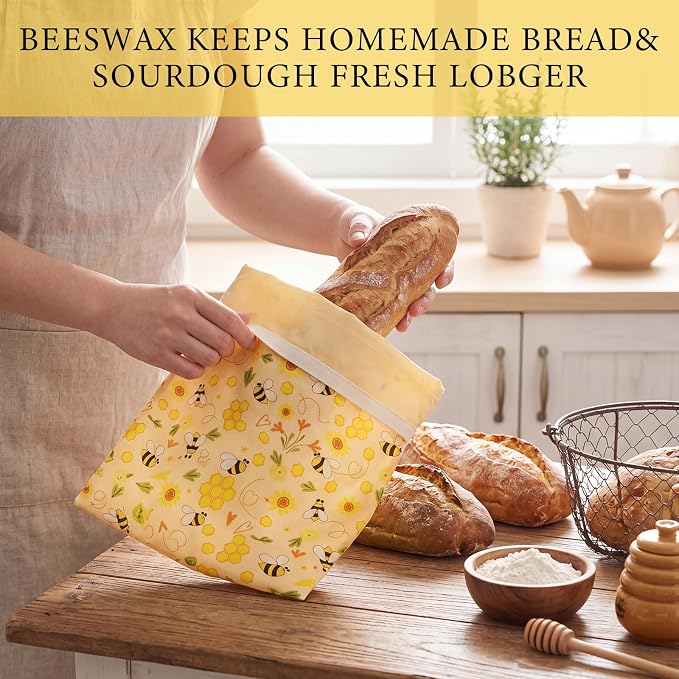2 Pack Reusable Beeswax Bread Bags for Homemade Sourdough XL 17x13 Inch Beeswax Bread Bags for Storage Large Linen Bowl Cover Keeping Fresh Longer Safe Storage(Bee)