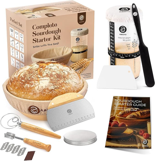 Complete Sourdough Supplies with 9" Round Banneton Proofing Basket and 24oz Starter Jar - Beginner-Friendly Sourdough Bread Kit and Baking Gifts for Women, Men, and Bread Bakers