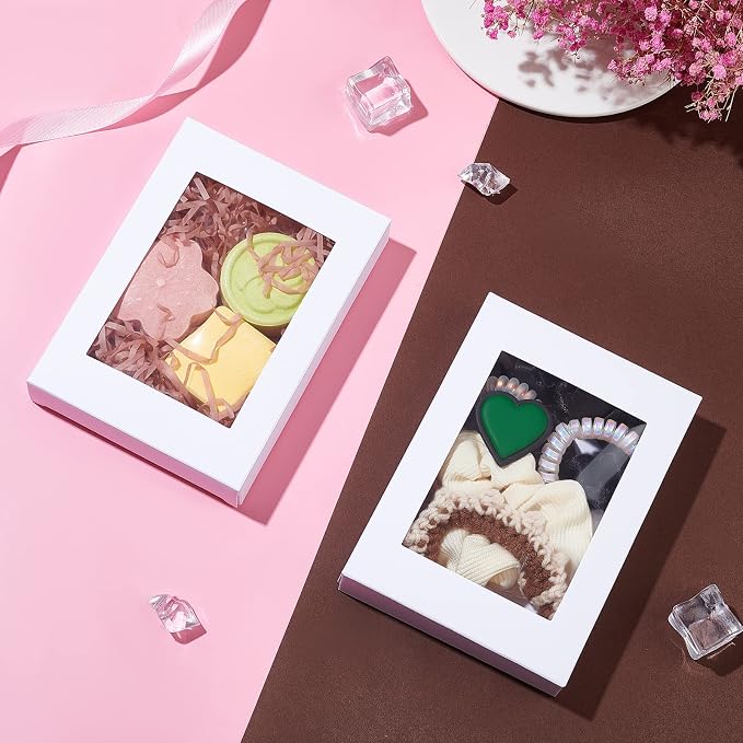 BENECREAT 24Packs 3.9x3.2x0.8inch Clear PVC Rectangle Window Gift Boxes, White Kraft Paper Present Boxes for Wedding Gift, Chocolates, Cookies and Other Small Crafts