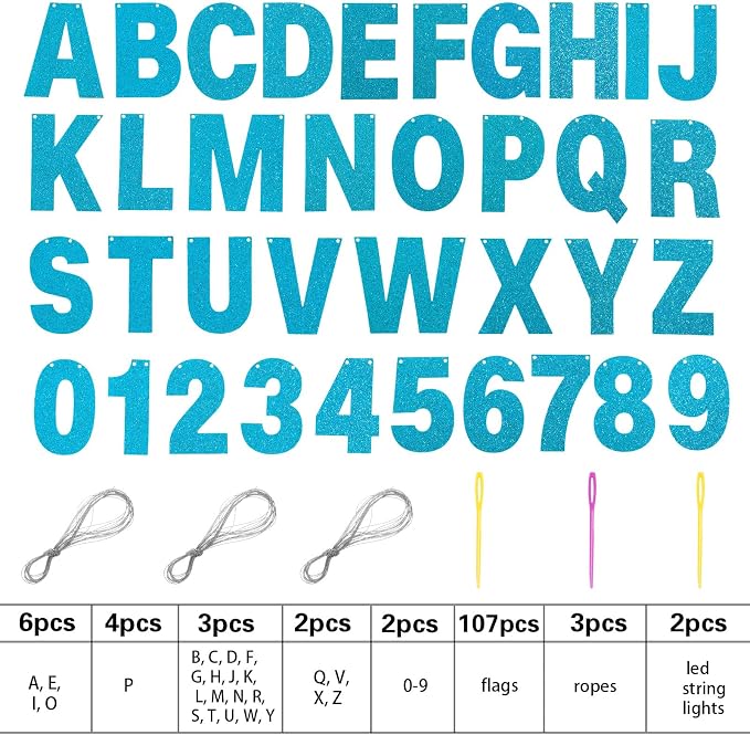 TaoBary 112 Pcs DIY Letter Kit Glitter Customizable Banner Letters Include 107 Letters and Numbers 3 Rope and 2 Needles for Birthday Halloween Christmas Wedding Valentine Party Decor(Baby Blue)