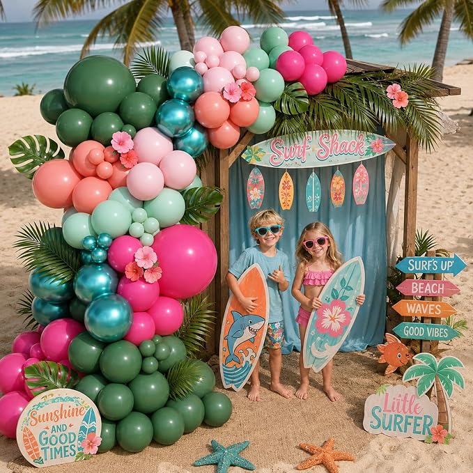 Tropical Flamingo Balloon Arch Garland Kit, Hot Pink Metallic Green Light Pink Orange Balloon Flamingo Foil Balloons for Hawaiian Summer Luau Aloha Beach Pool Baby Shower Birthday Party Decorations