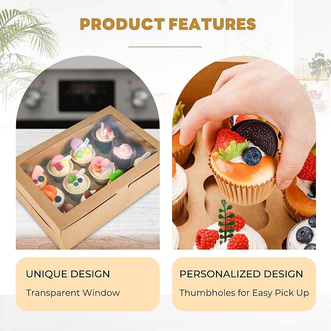 NPLUX 6 Pack Cupcake Boxes, 12 Count Cupcake Containers with Window and Cardboard, Food Grade Cupcake Carrier For Muffins Cupcakes Desserts (Brown 13.8×9.5×4 In)