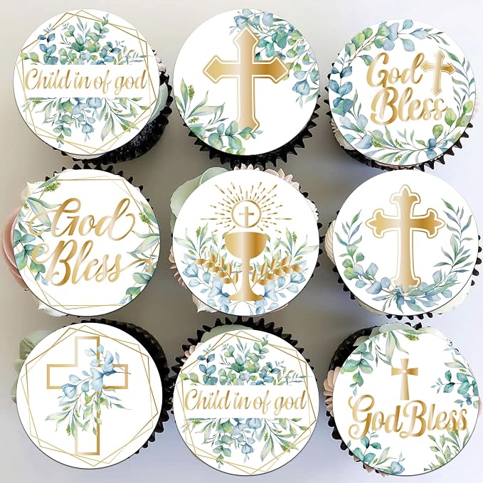 64 PCS Edible God Bless Cupcake Toppers Edible First Communion Cupcake Picks Greenery Leaves Cross Baptism Cake Decorations for God Bless Theme Baby Shower Birthday Party Cake Decorations Supplies