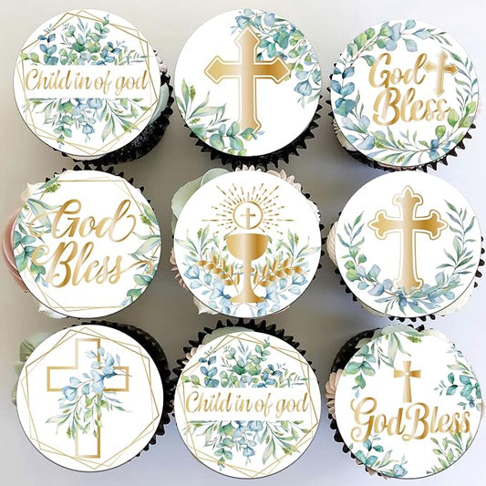 64 PCS Edible God Bless Cupcake Toppers Edible First Communion Cupcake Picks Greenery Leaves Cross Baptism Cake Decorations for God Bless Theme Baby Shower Birthday Party Cake Decorations Supplies