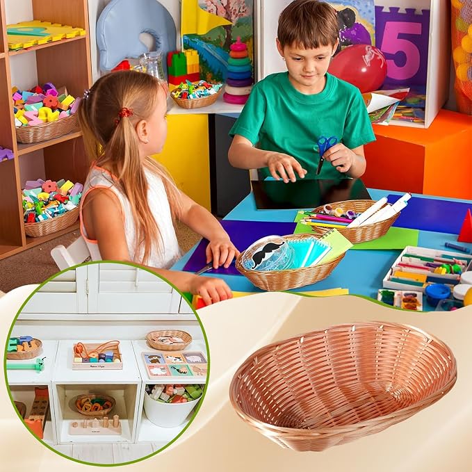 12 Pack Plastic Oval Woven Baskets,10"L x 6"W x 3"H Inch Small Bread and Fruit Baskets for Food Storage,Serving,Gift Packaging, Kitchen,and Restaurant Display or Storage basket etc.