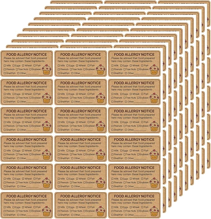 180 PCS Allergy Stickers for Cake,Kraft Paper Food Allergy Warning Labels,Ingredients Label Sticker for Bakery,Food Bag,Restaurant,Kitchen(1.1x2.2inch)