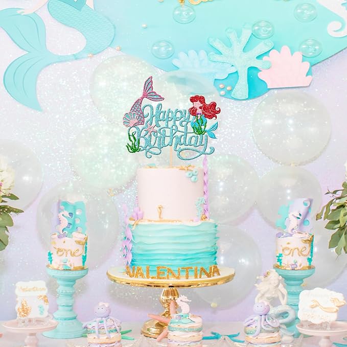 1 PCS Happy Birthday Cake Topper - Starfish, Seawood, Seashells, Mermaid Tail for Under the Sea Mermaid Theme Party Decorations, Blue