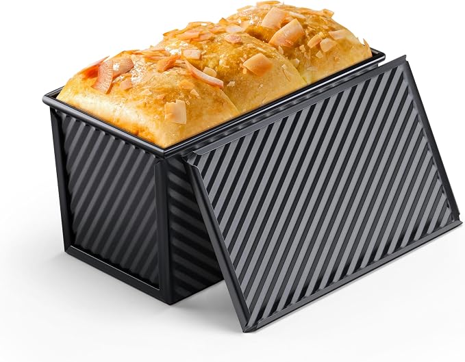 LIANYU Pullman Loaf Pan with Lid, 1 LB Nonstick Bread Loaf Pan, Metal Baking Tin for Homemade Sourdough Bread, Carbon Steel Bakeware Toast Box with Cover for Toast Oven Baking, Black