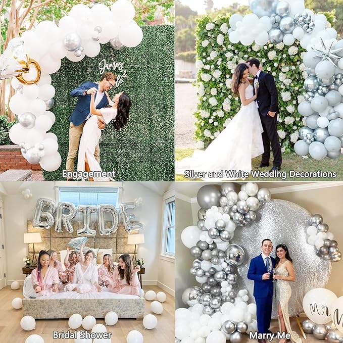 White Silver Balloon Arch Kit Garland with Grey Clear Balloons for Birthday Winter Wonderland Baby Shower Bridal Shower Engagement Wedding Anniversary Party Decorations