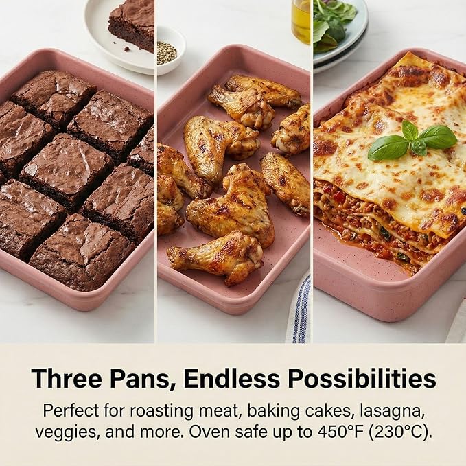 Toaster Oven Baking Pans Set of 3, Small 11x9 Inch Pink Nonstick Sheet Pans for Compact Ovens, Quarter Sheet Size for Roasting Vegetables, Brownies & Small Batch Cooking
