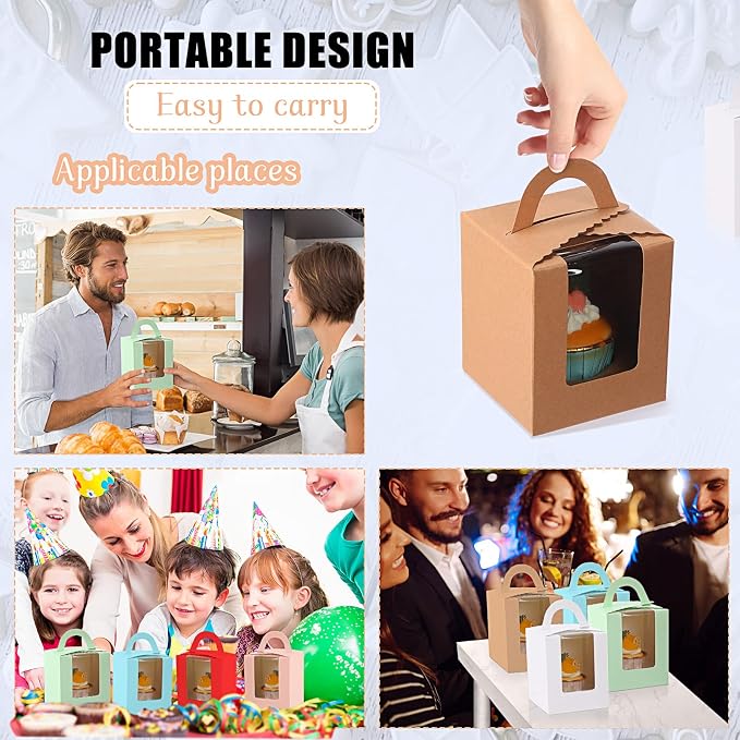 Ctosree 60 Pcs Individual Cupcake Boxes Single Colourful Cupcakes Containers with Insert Window and Handle Kraft Cupcake Holders Portable Cupcake Carriers for Bakery Wedding Party Favor (6 Colors)