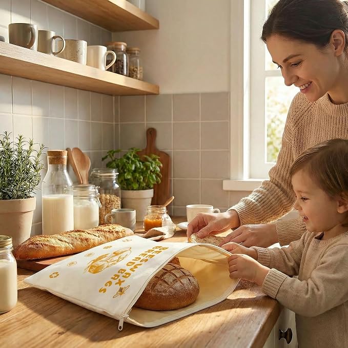 2-Pack Extra Large Beeswax Bread Bags with Zipper Seal – Reusable Bread Storage Bags, Eco-Friendly Natural Beeswax Lining, to Keep Homemade Bread Fresh for Sourdough & Artisan Loaves (yellow)