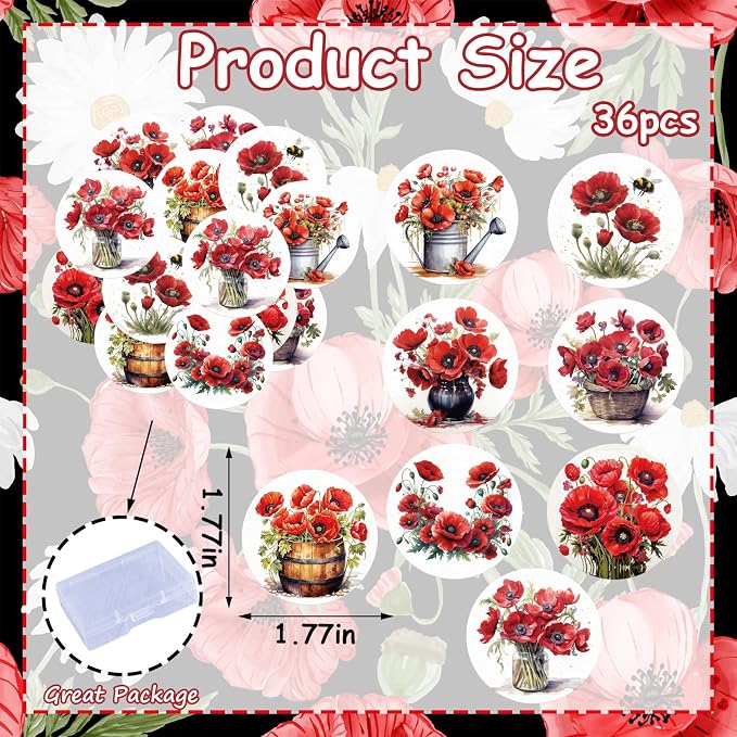 36PCS Edible Red Poppy Flowers Cupcake Toppers Wafer Paper Red Flowers Cake Picks Edible Poppy Wildflowers Cupcake Toppers for Wedding Birthday Theme Floral Cake Decor Supplies