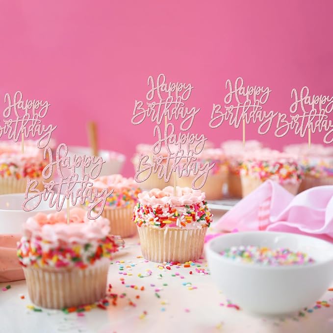 24 PCS Happy Birthday Cupcake Toppers Glitter Picks for Celebrating Anniversary Theme Party Cake Decorations Supplies Light Pink