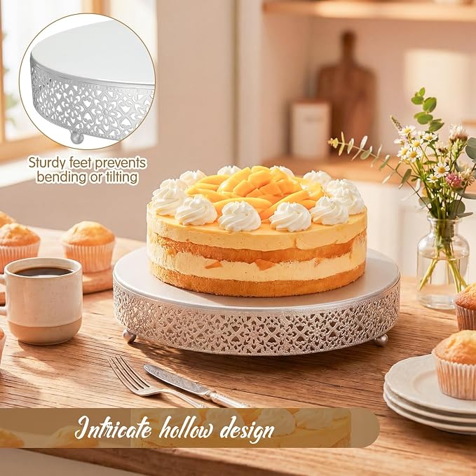 Wenqik 2 Pack Cake Stand Set, 14/16 Inch Metal Round Dessert Cupcake Stand Elegant Cake Decorative Display for Weddings Party Birthday Anniversary, Classic Floral, Silver